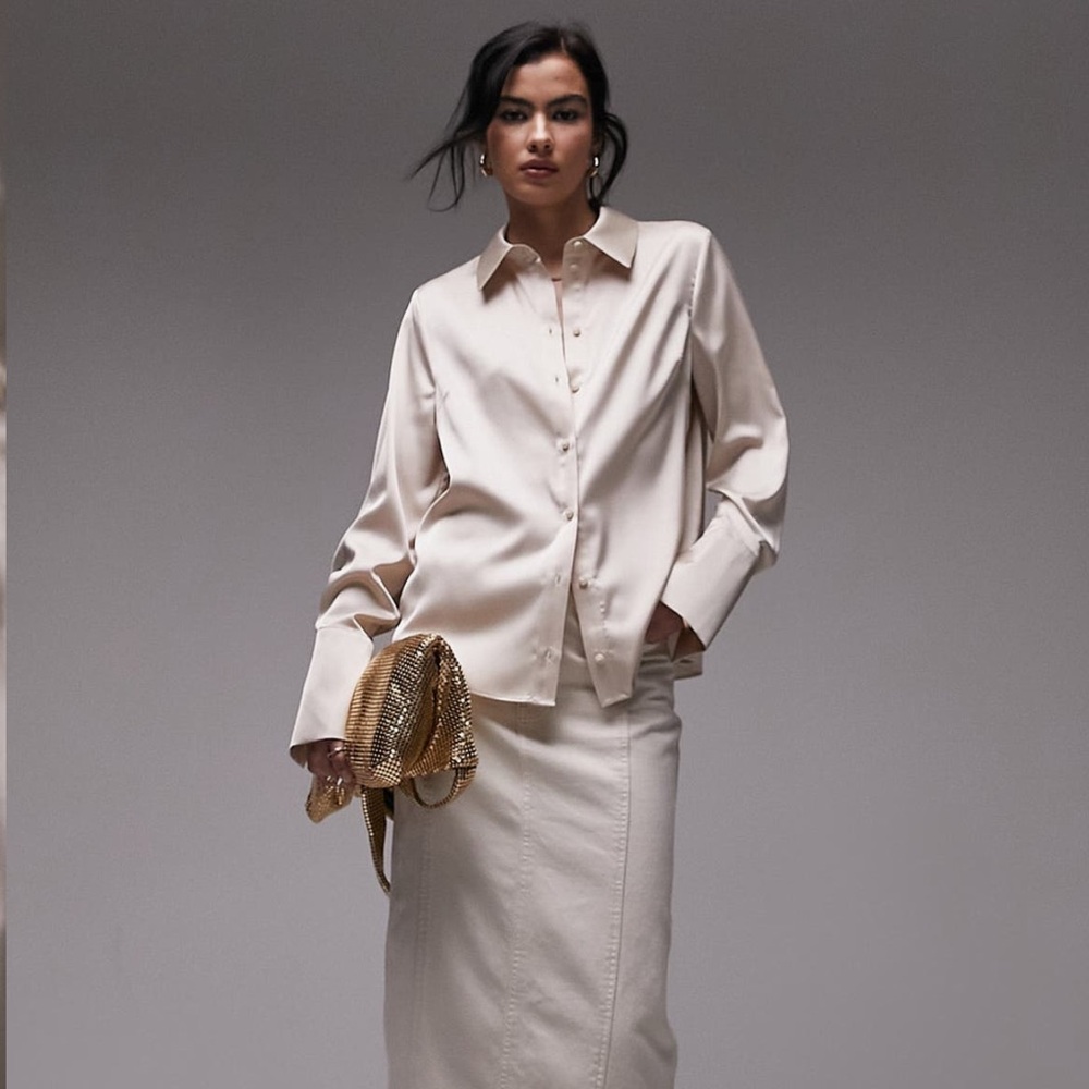 Topshop Long Sleeve Satin Button-Up Shirt Gold